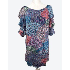 MSK Petite Womens Vibrant Multicolored Paisley Tunic Dress 3/4 Ruched Sleeves PM